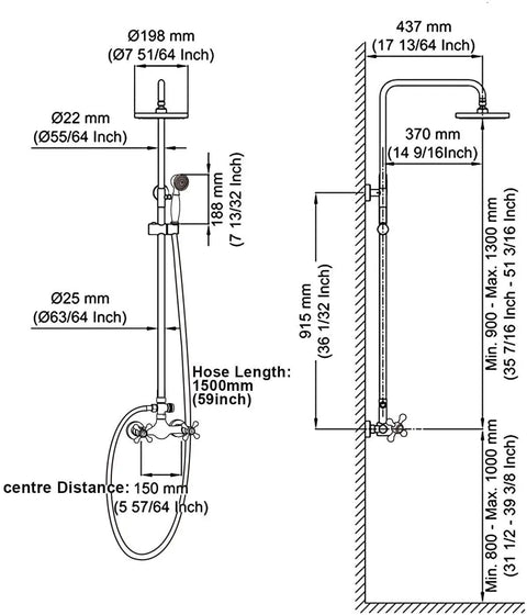 Technical diagram of the Oil Rubbed Bronze Rain Shower System With 8 Inch Round Overhead Rain Shower Head And Handheld Spray Dual Function 2 Knob Mixer Wall Diverter Adjustable Slide Bar 27.5 To 47 Inches For A Modern Dope Bathroom Setup, showing dimensions for installation.