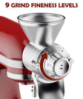 Adjustable Grain Mill Attachment For Stand Mixer, showcasing 9 grind fineness levels, made of die-cast aluminum.
