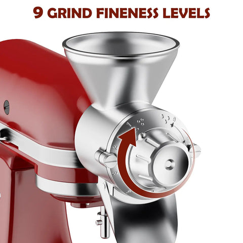 Adjustable Grain Mill Attachment For Stand Mixer, showcasing 9 grind fineness levels, made of die-cast aluminum.