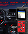 OBD2 Car Diagnostic Scanner With Full Read And Clear Codes shown in car interior with dashboard and steering wheel.