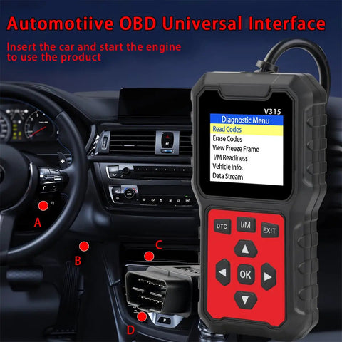 OBD2 Car Diagnostic Scanner With Full Read And Clear Codes shown in car interior with dashboard and steering wheel.