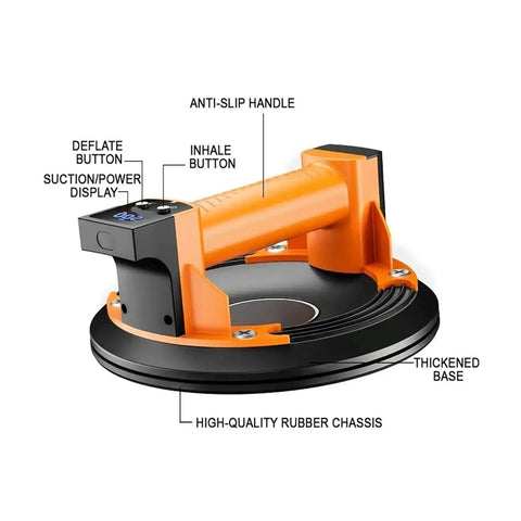 Heavy Duty Electric Vacuum Suction Cup Lifter With Type C Charging And Led Digital Display. This Cordless Glass Handler Features One Button Auto Adsorption, Powerful Brushless Motor For Quick, Dust And Water Resistant Material Handling In Your Garage Or