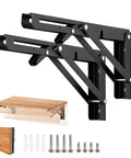 Heavy Duty Wall Mounted Folding Shelf Brackets With Tough Triangle Frame And Slick Fold Away Design For Hella Space Saving Diy Build Projects Max Load 330lbs In White Two Pack with black finish and wooden shelf