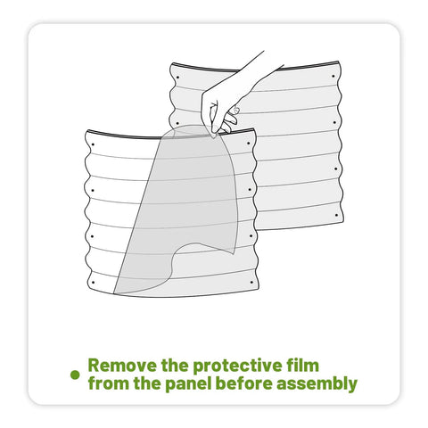 Diagram showing hand removing protective film from Two Piece Galvanized Raised Garden Bed Set For Outdoor Use With No Fuss Oval Metal Planter Boxes 4x2x1 Ft White Finish Great For Vegetables Herbs And Flowers Eco Friendly Coatings panel before assembly.