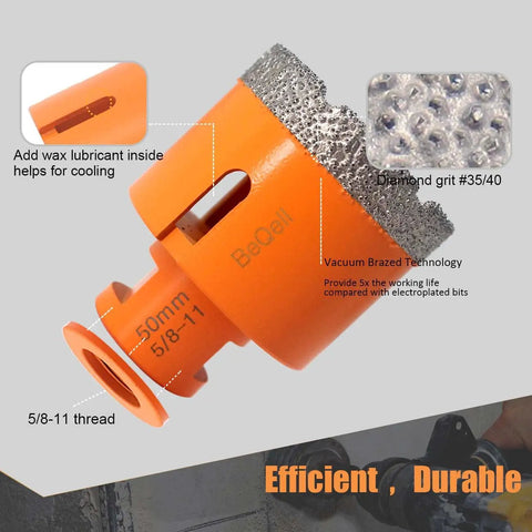 Ultimate Diamond Core Drill Bit Kit Pro Grade shown with 5/8-11 thread and 50mm size, features vacuum brazed technology.