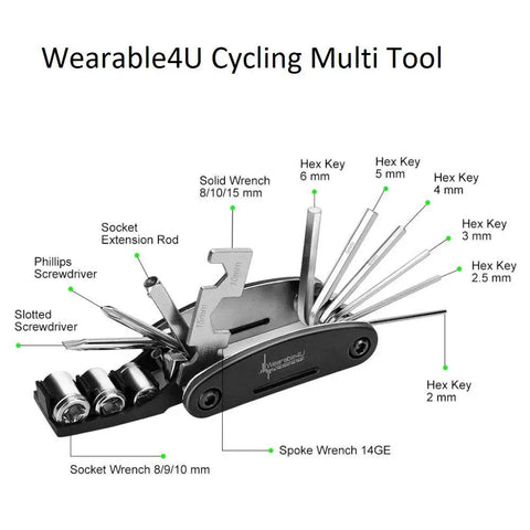 Wearable4U cycling multi-tool showing various tools including hex keys, socket wrenches, screwdriver for Bike Speed Sensor 2 And Cadence Sensor 2 Bundle With Wearable4U Multi Tool For Edge And Garmin Devices Real Time Speed And Cadence Data Perfect Upgrades For Your Ride.