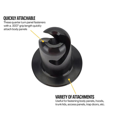 Quarter Turn Panel Fasteners Quick Release Snap On Clips Heavy Duty .500 inch grip black anodized aluminum for securing body panels.