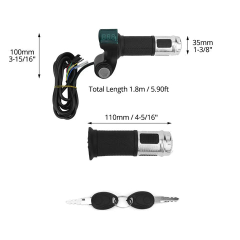 Ride Ready Twist Throttle Grip With LCD Voltage Display And Key Lock For 12V To 84V E Bike Scooter Or Trike All In One Handlebar Grip 5 Wire Connector 1 Pair