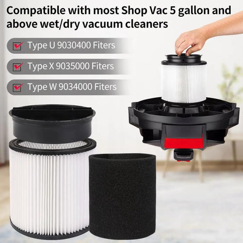 Replacement HEPA Cartridge Filters With Lid For 5 Gallon And Up Wet Dry Vacuums Fits 90304 2 Pack shown with foam sleeves