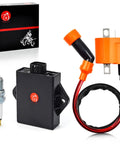 Plug And Play ATV Ignition CDI Box And Coil Replacement Fits Suzuki Quadrunner 250 1988-2002 shown with spark plug and coil