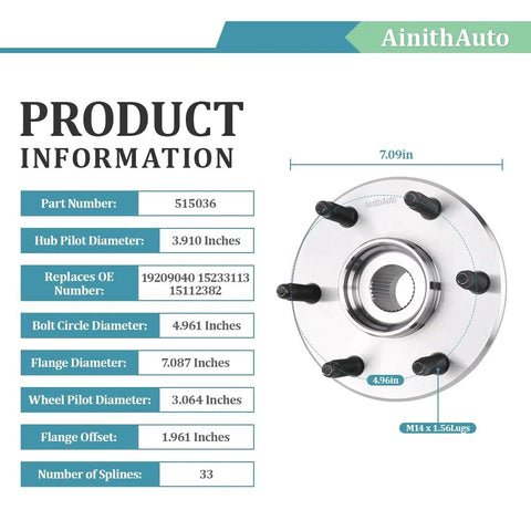 Front Wheel Bearing And Hub Assembly 4x4 6 Lug With ABS Two Piece Set For Chevy Avalanche with dimensions and specifications