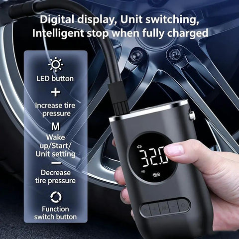 Portable Digital Tire Inflator Pump For Toyota Rav4 Ev With Bright Led Work Lamp And Auto Shutoff, Compact Air Compressor showing digital display and controls.