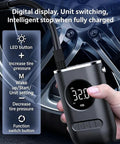 No Sweat Portable Tire Inflator With Digital Air Compressor, showing LED display and buttons, held near a vehicle wheel.