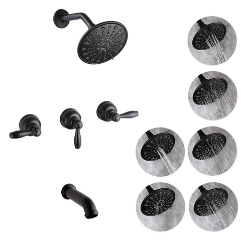 Matte Black 3 Handle Tub And Shower Faucet Set With 6 Spray Shower Head Solid Brass High Flow Waterfall Tub Filler Tub Spout