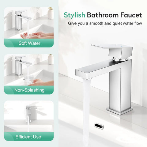 Polished Chrome Bathroom Faucet Single Handle Stainless Steel Solid 304 Build With Honeycomb Aerator Delivers Soft Aerated Water Flow Easy Install Pop Up Drain And Deck Plate For 1 Or 3 Hole Install