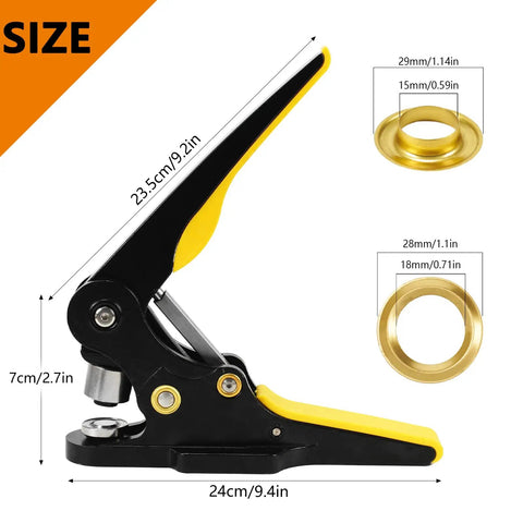 Heavy Duty Grommet Tool Kit And Eyelet Punch Machine With Three To Five Inch Die Comes With 80 Gold Brass Grommets, size diagram