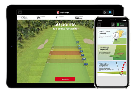 Mevo Portable Golf Launch Monitor And Rangefinder With Signature Gift Bundle app showing real-time swing data on tablet and phone