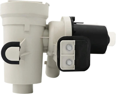 Washer drain pump assembly with white plastic housing and black motor, mounted with a two-bolt bracket.