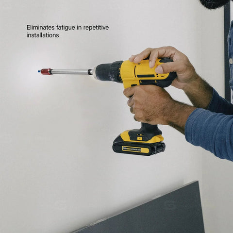 Person using SL 250 Sleeve One Drill Installation Tool Designed For Concrete And Wood Quick Connect Sleeve Eliminates Fatigue In Repetitive Installations