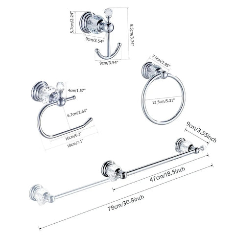 Crystal Bathroom Hardware Set With Retractable Towel Bar Chrome Finish 18.5 to 30.8 Inch Adjustable Includes Toilet Paper Holder Towel Ring Coat Hooks Wall Mounted 4 Piece Bath Accessory Kit showing detailed dimensions and chrome finish with crystal accents.