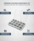Stainless Steel Hex Head Bolts Nuts And Washers Kit With SAE And Metric Fasteners in open case with compartments.