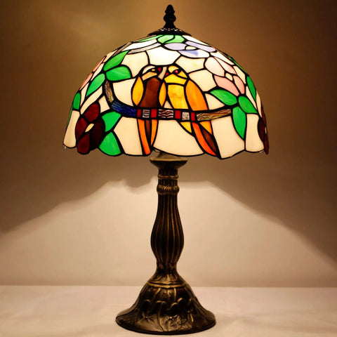 Tiffany Style Stained Glass Table Lamp With Dope Double Tropical Birds, featuring a vibrant stained glass shade, 12x12x18 inches.