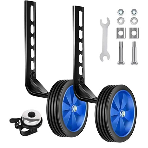 Bicycle Training Wheel Kit With Heavy Duty Support Bracket And Adjustable Wheel Design with blue wheels and hardware