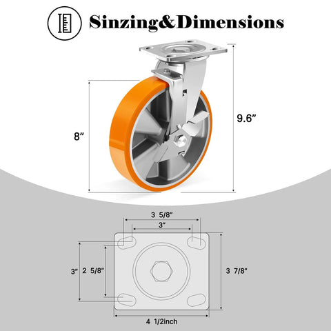 Rock Solid Heavy Duty Eight Inch Casters Set Of Four With Swivel Brakes, featuring orange polyurethane wheel and dimensions.