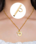 Must Have 6 Pack Pin To Pendant Converters In Gold And Silver Copper Finish For DIY Jewelry Making shown on a necklace