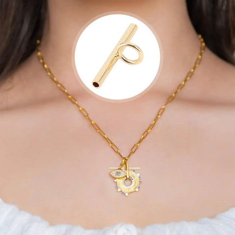 Must Have 6 Pack Pin To Pendant Converters In Gold And Silver Copper Finish For DIY Jewelry Making shown on a necklace