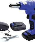 Heavy Duty Cordless Rivet Gun Uses Brushless Power To Crunch Iron On Auto Body Seams And Sheet Metal Projects shown with battery and charger.