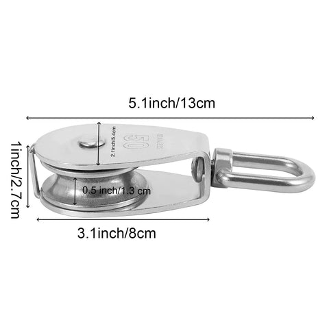 Beefy Four Pack M50 Single Pulley Block With 881 Lbs Load Capacity showing dimensions and stainless steel material