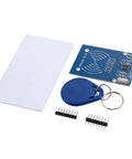 3 Piece RFID Kit With Mifare RC522 Card Sensor Module S50 Blank Cards And Keychains Arduino And Raspberry Pi Compatible for Easy Card Reading and Development Low Cost and User Friendly, showing module, card, and keychain on white background.