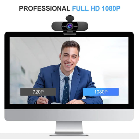 Top Rated Full Hd Webcam Equipped With Dual Noise Canceling Mics And Sliding Privacy Cover, shown on monitor displaying 1080p.