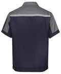 Men's Heavy Duty Mechanic Work Shirt Built Tough For The Daily Grind With Reflective Safety Stripes And Durable Zippered Front Short Sleeve Shop Uniform Jacket In Gray And Navy Blue, rear view.
