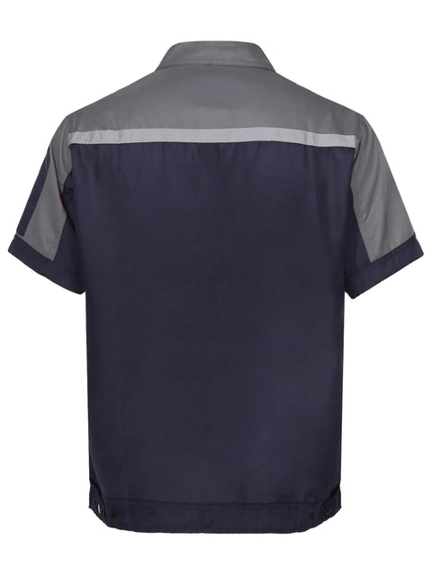 Men's Heavy Duty Mechanic Work Shirt Built Tough For The Daily Grind With Reflective Safety Stripes And Durable Zippered Front Short Sleeve Shop Uniform Jacket In Gray And Navy Blue, rear view.