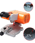 No Sweat Mini Benchtop Chop Saw 45 Degree Miter Angle Cutter with orange body and adjustable clamp for precision cuts.