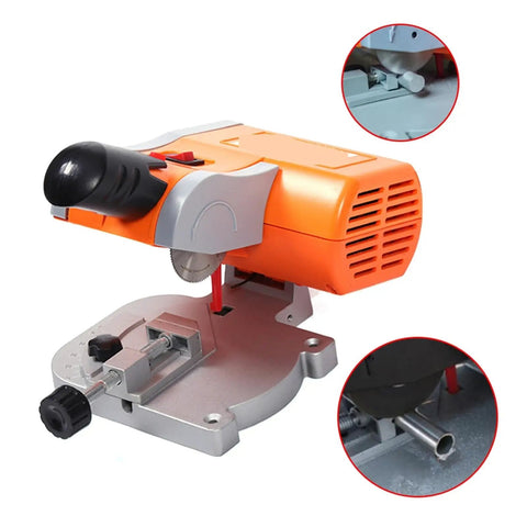 No Sweat Mini Benchtop Chop Saw 45 Degree Miter Angle Cutter with orange body and adjustable clamp for precision cuts.