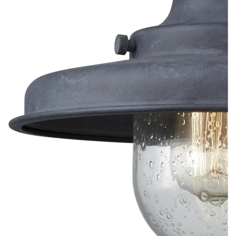 Close-up of Classic Outdoor Wall Sconce with One Bulb, Aged Zinc Finish, Clear Seeded Glass, Sturdy Beveled Pan Style Lantern