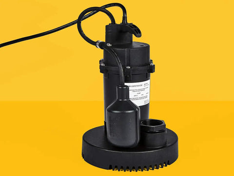 Heavy Duty Submersible Sump Pump 0.33 HP with split capacitor motor, thermoplastic body, tethered float switch, top suction debris strainer