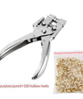 DIY Eyelet Setting Tool Pliers Kit With 100 Gold Grommets shown with ergonomic steel pliers and gold eyelets for crafts and projects.