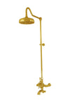 Rock Solid Full Body Exposed Thermostatic Shower System Wall Mounted Bathroom Fixture With Temperature Control And 1.75 Gpm Vintage Cross Handles In Unlacquered Polished Brass, rain shower head and brass controls.