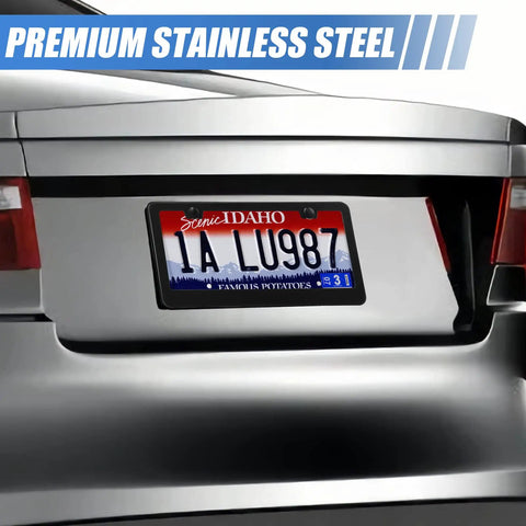 Two Pack Stainless Steel License Plate Frames For Cars Black Weatherproof And Rustproof Easy Install shown on car