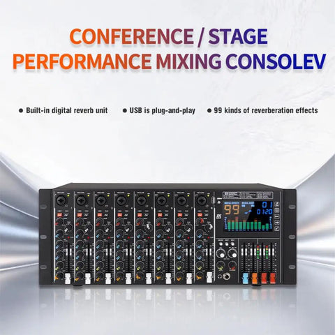 8 Channel DJ Console With 19 Inch Rack Mount Audio Mixer, 99 DSP Effects And Built In Reverb, USB Recording And Bluetooth Playback