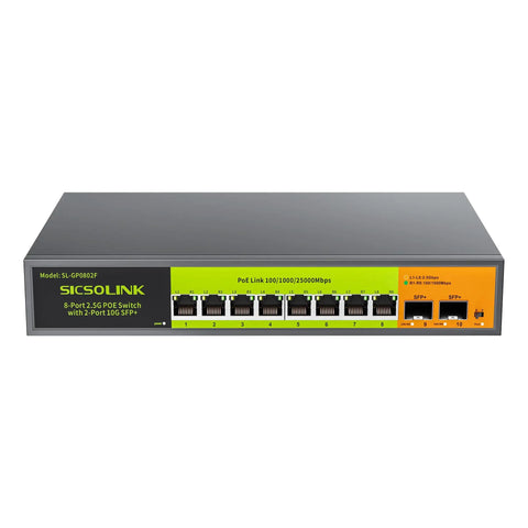Front view of 2.5G PoE Plus 10 Port Unmanaged Switch With 8 2.5G Base T PoE Ports And 2 10G SFP Uplinks 120W Power Built In Beefy Metal
