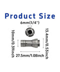 Four Piece Die Grinder Collet Set With 6mm Collets For One Quarter Inch Arbors, showing collet dimensions and size details.