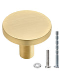 Heavy Duty Round Cabinet Knobs Four Pack Brushed Gold Zinc Alloy Kitchen Handle Replacement With No Sweat Install featuring brushed gold knob and install screws.