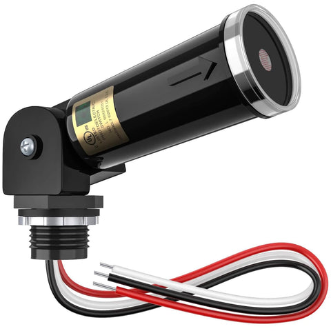 Close-up of Two Pack Outdoor Photo Cell Sensor for dusk to dawn lighting, showing its compact design, wiring, and UL listed label.