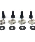 Heavy Duty T Slot Mounting Nuts And Screws Replacement Kit For Racing Simulator Wheel Base Upgrade Crafted From Top Tier Steel For A Super Quick No Sweat Install On Your Rig. Four black steel screws with silver mounting nuts and washers.