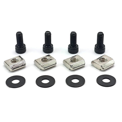 Heavy Duty T Slot Mounting Nuts And Screws Replacement Kit For Racing Simulator Wheel Base Upgrade Crafted From Top Tier Steel For A Super Quick No Sweat Install On Your Rig. Four black steel screws with silver mounting nuts and washers.
